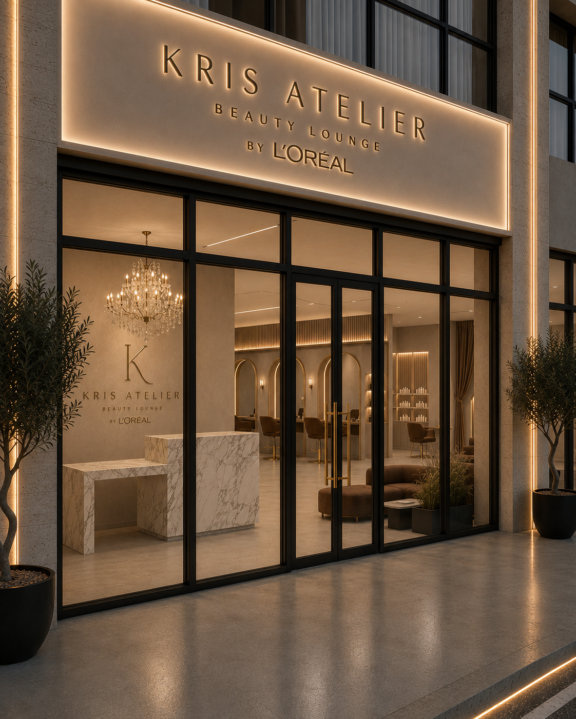 KRIS Atelier beauty lounge storefront at night